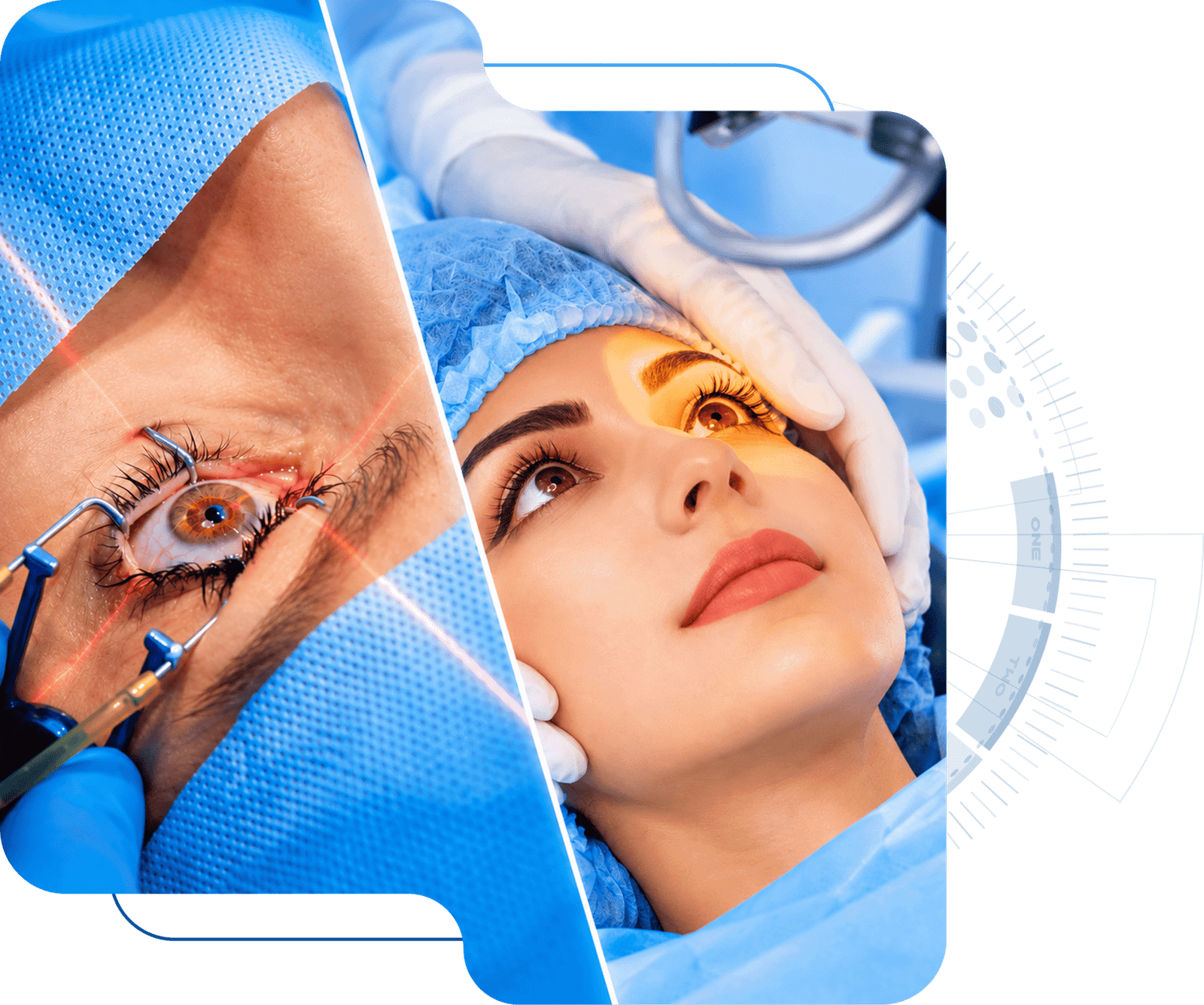 Doctor examining patient's eye with personalized healing experience badge